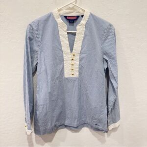 Vineyard Vines Popover Top Women 2 Blue White Striped Blouse Embroidered Classic